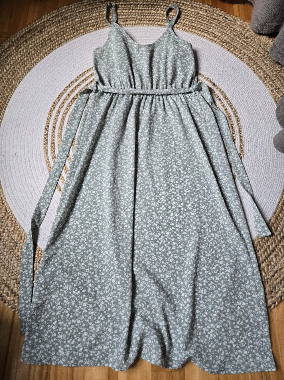 Monteau Sage Green Ditsy Floral Maxi Dress Tie Waist Cottagecore Coquette M - Picture 4 of 13